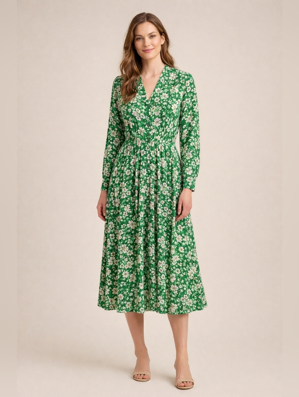 Givenchy Vintage Green Floral Pleated Midi Dress V-Neck Size 10